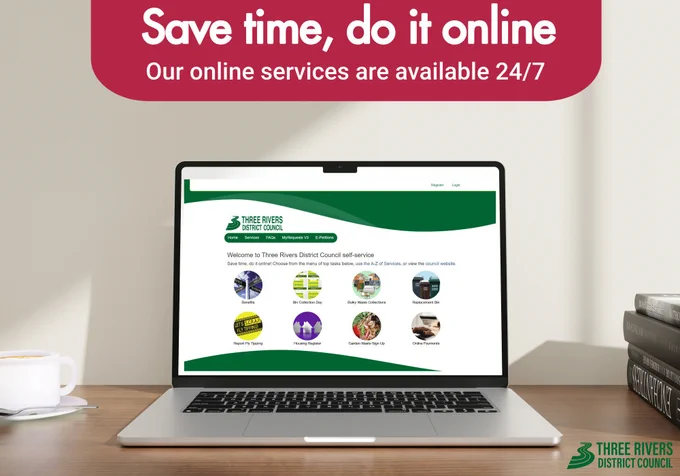 Image of a laptop open on the Three Rivers District Council self service website page. Text reads, Save time, do it online. Our online services are available 24/7.