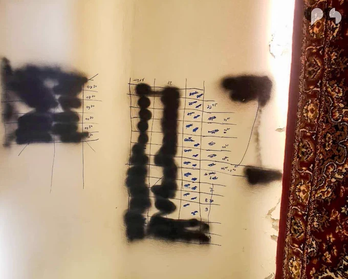 The house in Aitaroun. The walls are vandalized with black spray paint, hand-drawn grids with time markings and small doodles of fighter jets, writing in Hebrew, and the Star of David. Aitaroun, South Lebanon. February 15, 2025. (Zaynab Mayladan/The Public Source)

