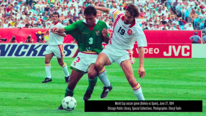 Players from Bolivia and Spain on the field at the 1994 World Cup in Chicago at Soldier Field. 