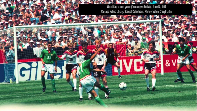 Soccer players from Germany and Bolivia on the field at the 1994 World Cup in Chicago at Soldier Field.