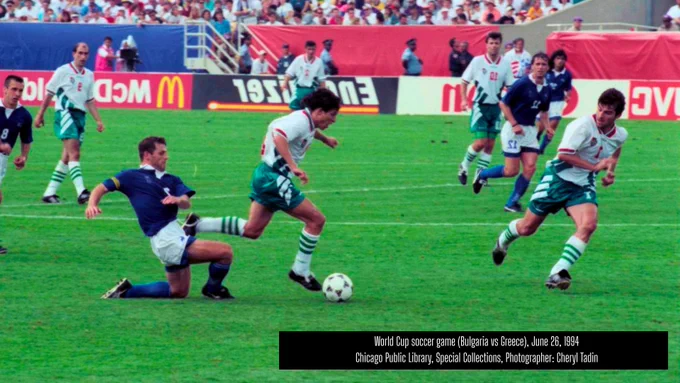 Soccer from Bulgaria and Greece on the field at the 1994 World Cup in Chicago at Soldier Field. 