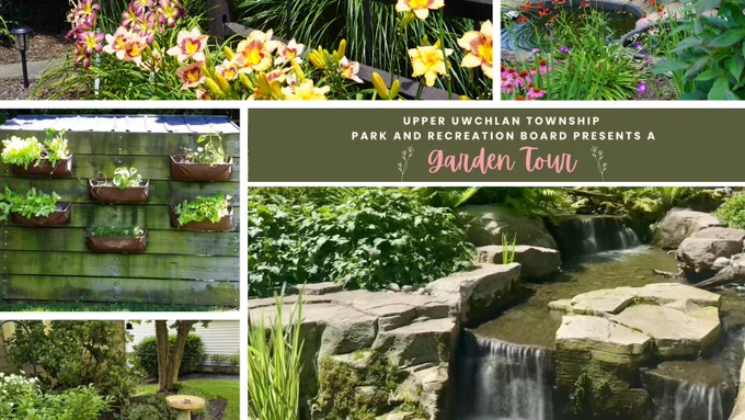 Picture of gardens with text about Upper Uwchlan's Garden Tour.