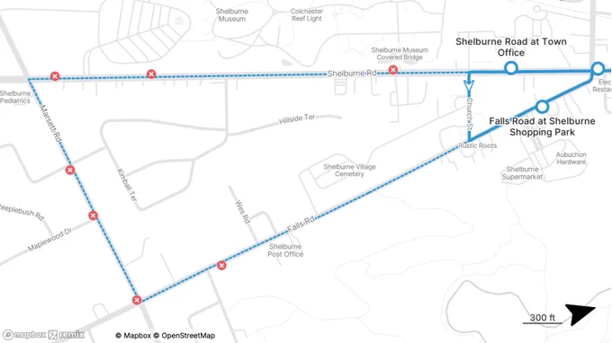 Route map highlighting closed bus stops along Shelburne Road, Marsett Road, and Falls, including Shelburne Post Office and Shelburne Museum areas.