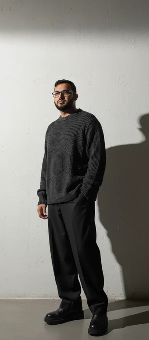 A full-body portrait of a man standing against a textured white wall in a studio setting. He is wearing a dark textured knit sweater, tailored black trousers, black boots, and glasses. Dramatic side lighting creates a strong shadow on the wall, giving the image a modern, professional, and confident feel. The minimalist composition and monochromatic styling emphasize a calm, focused, and sophisticated presence.
