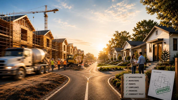 A housing development is shown at a crossroads between active construction and completed residential housing. One side highlights speed and building activity, while the other emphasizes approved plans, inspections, permits, and trusted adoption. The image reinforces the idea that long-term housing scale will depend as much on compliance, consistency, and trust as it does on speed.  The SecureTech Innovations and AI UltraProd logos are featured alongside the quote, “Speed may create opportunity. Trust enables scale.” 