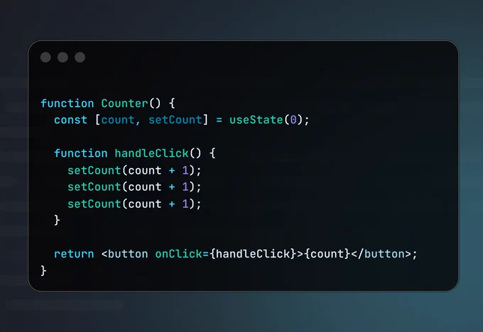 An image showing a JavaScript code snippet for a counter function using React. The code includes a click handler that increments a count variable.