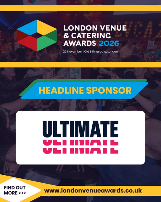 Promotional image for the London Venue & Catering Awards 2026, highlighting the headline sponsor. Vibrant and engaging, aimed at event professionals.