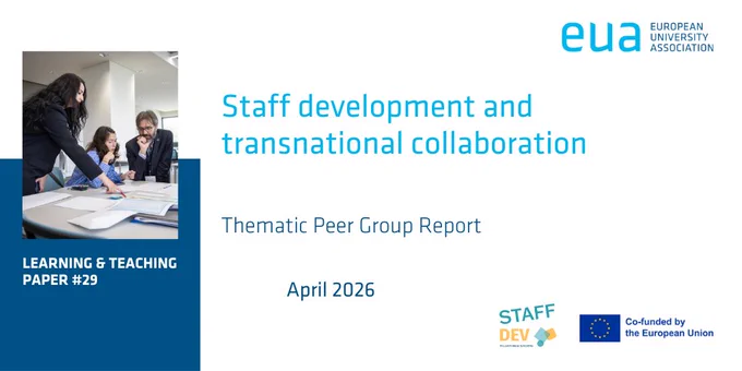 The image is a report cover titled "Staff development and transnational collaboration," part of the "LEARNING & TEACHING PAPER #29" series by the European University Association (EUA). It includes the logos of STAFF DEV and Co-funded by the European Union. On the left, three people are discussing documents at a table.
