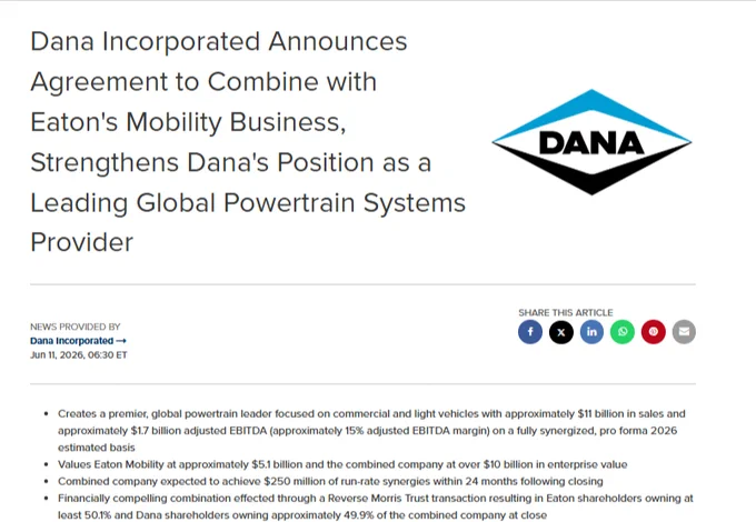 Dana to combine with Eaton Mobility