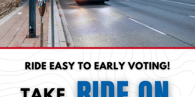 A Ride On bus driving down a city street promoting easy early voting from June 11-18 with MCDOT and Ride On logos.