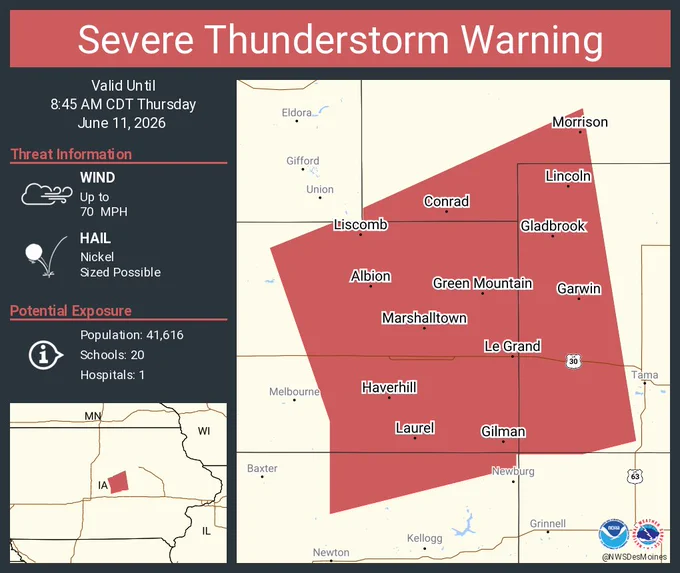 This graphic displays a severe thunderstorm warning plotted on a map. The warning is in effect until 8:45 AM CDT. The warning includes Marshalltown IA, Conrad IA and Gladbrook IA.  This warning is for Southeastern Story County Is Cancelled. The threats associated with this warning are wind gusts up to 70 MPH and nickel sized hail. There are 41,616 people in the warning along with 20 schools and 1 hospital.