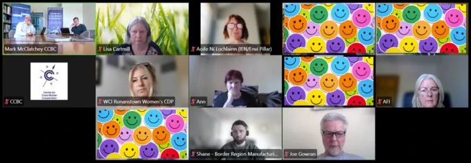 Image of nine participants at the last meeting on 27 May which was attended by representatives from Irish Environmental Network, Women's Collective Ireland - Ronanstown, Kilkeel Development Association, Ataxia Foundation Ireland, Atlantic Technological University, Woodlands of Ireland and other voluntary and community organisations.