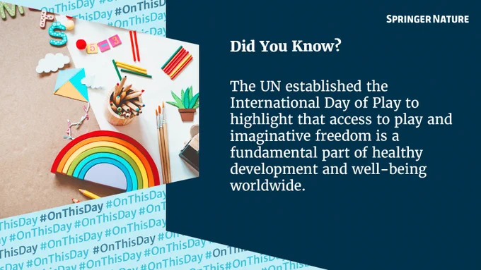 A post by Springer Nature with a picture of toys and the text: \"Did You Know? The UN established the International Day of Play to highlight that access to play and imaginative freedom is a fundamental part of healthy development and well-being worldwide.\"