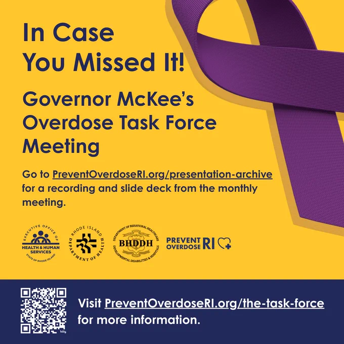 A purple ribbon against a yellow background and text that reads In case you Missed It! Governor McKee's Overdose Task Force Meeting.