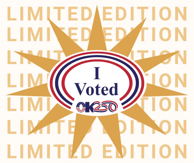 Graphic with the background text "Limited Edition" repeated multiple times, filling the entire image. Over the text is an image of a sunburst with the limited-edition "I Voted OK250" sticker in the middle.