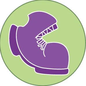 The circular graphic shows a purple boot in front of a green background. The boot appears to be in a stepping position with the toes flat and the heel in the air.