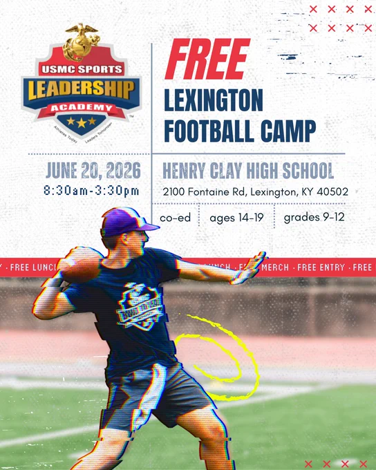 Promotional image for a free co-ed football camp hosted by USMC Sports Leadership Academy at Henry Clay High School. The event is on June 20, 2026, and includes free lunch and merch.