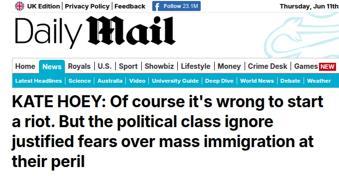 KATE HOEY: Of course it's wrong to start a riot. But the political class ignore justified fears over mass immigration at their peril