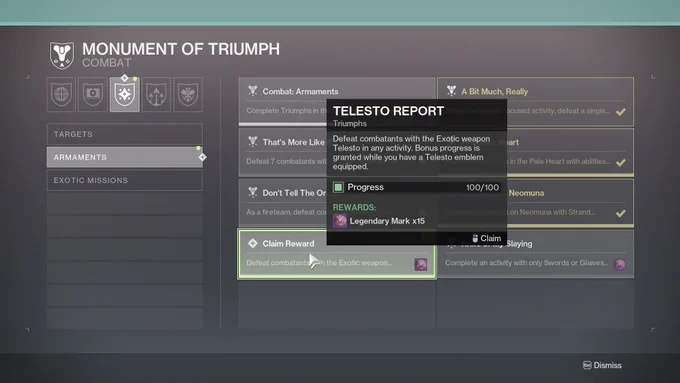 Screenshot of the Monument of Triumph triumph list. Highlighted is one triumph:

Telesto Report
Defeat combatants with the Exotic weapon Telesto in any activity. Bonus progress is granted while you have a Telesto emblem equipped.
Progress: 100/100
Rewards: Legendary Mark x15