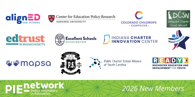 Logos of all new member organizations on a white background, in alphabetical order. Underneath the logos, text that says “2026 New Members” and the PIE Network logo on a green background with interconnecting lines.

