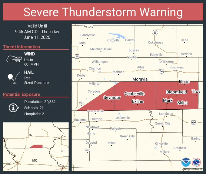 This graphic displays a severe thunderstorm warning plotted on a map. The warning is in effect until 9:45 AM CDT. The warning includes Centerville IA, Bloomfield IA and Seymour IA.  This warning is for Davis County in southeastern Iowa, Southeastern Wayne County in south central Iowa and Appanoose County in south central Iowa. The threats associated with this warning are wind gusts up to 60 MPH and pea sized hail. There are 20,882 people in the warning along with 21 schools and 2 hospitals.