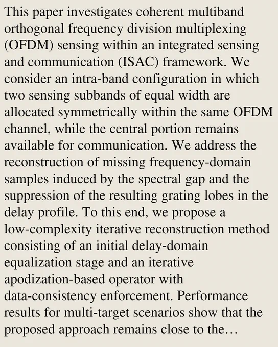 This paper investigates coherent multiband orthogonal frequency division multiplexing (OFDM) sensing within an integrated sensing and communication (ISAC) framework. We consider an intra-band configuration in which two sensing subbands of equal width are allocated symmetrically within the same OFDM channel, while the central portion remains available for communication. We address the reconstruction of missing frequency-domain samples induced by the spectral gap and the suppression of the resulting grating lobes in the delay profile. To this end, we propose a low-complexity iterative reconstruction method consisting of an initial delay-domain equalization stage and an iterative apodization-based operator with data-consistency enforcement. Performance results for multi-target scenarios show that the proposed approach remains close to the full-band reference for moderate gap sizes and degrades only for larger gaps because of residual grating lobes. Compared with the compressed-sensing-bas