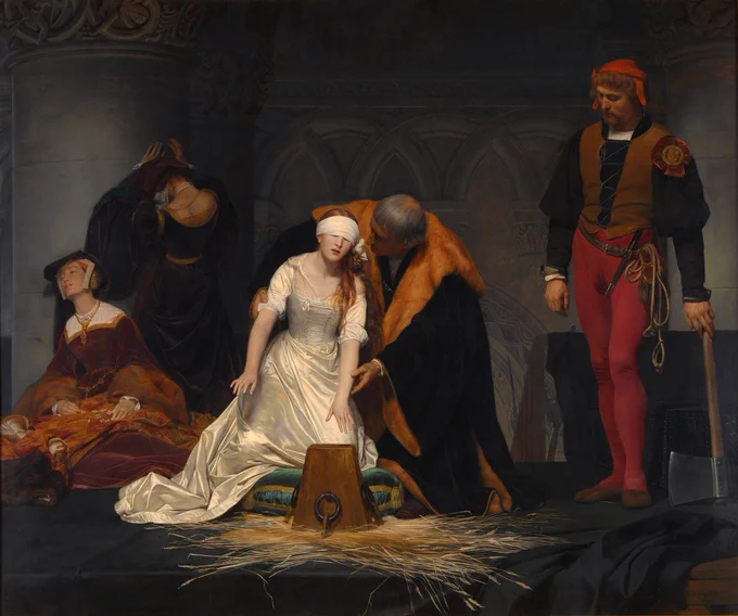 لوحة زيتية للفنان الفرنسي بول ديلاروش (Paul Delaroche) عام 1834

جين غري كانت بنت مثقفة ومالها بالسياسة لكن حظها السيئ خلاها ضحية لمؤامرة عائلية الملك اللي قبلها (إدوارد السادس) كان بروتستانتي وكان على وشك يموت وما كان يبغى أخته (ماري) الكاثوليكية تحكم بعده فكتب وصية ينقل الحكم لبنت عمه (جين غري) الي في اللوحه بفستان أبيض 

جين صحيت من النوم لقت نفسها ملكة إنجلترا وهي عمرها 16 سنة بس وما كانت تبي العرش لكن أهلها وأب زوجها ضغطوا عليها

زوجها بعد كان صغير لكن أبوه كان دوق وهو اللي خطط لكل هالسالفة وزوجه من جين غري غصب عنهم قبل الأزمة بكم شهر بس عشان يضمن إن عائلته تسيطر على عرش إنجلترا يعني هو وجين كانوا مجرد قطع شطرنج بيد الكبار

بعد 9 أيام الأميرة ماري (صاحبة الحق الشرعي) ما سكتت جمعت جيش والشعب كله كان معها بلمح البصر انقلبت الموازين وطيروا جين من العرش وسجنوها هي وزوجها 

الملكة ماري ما كانت تبي تقتلها لأنها عارفة إن جين مالها ذنب لكن والد جين الغبي راح شارك في ثورة ثانية ضد الملكة هنا الملكة خافت وقالت مادام جين حية الثورات ما راح تنتهي ووقعت أمر إعدامها
