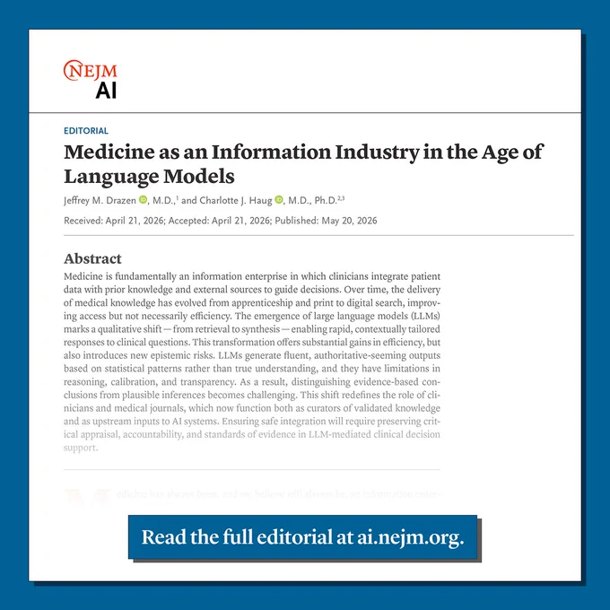 The first page of an editorial titled "Medicine as an Information Industry in the Age of Language Models" published in NEJM AI, authored by Jeffrey M. Drazen, MD, and Charlotte J. Haug, MD, PhD. A banner at the bottom invites readers to view the full editorial at ai.nejm.org. 