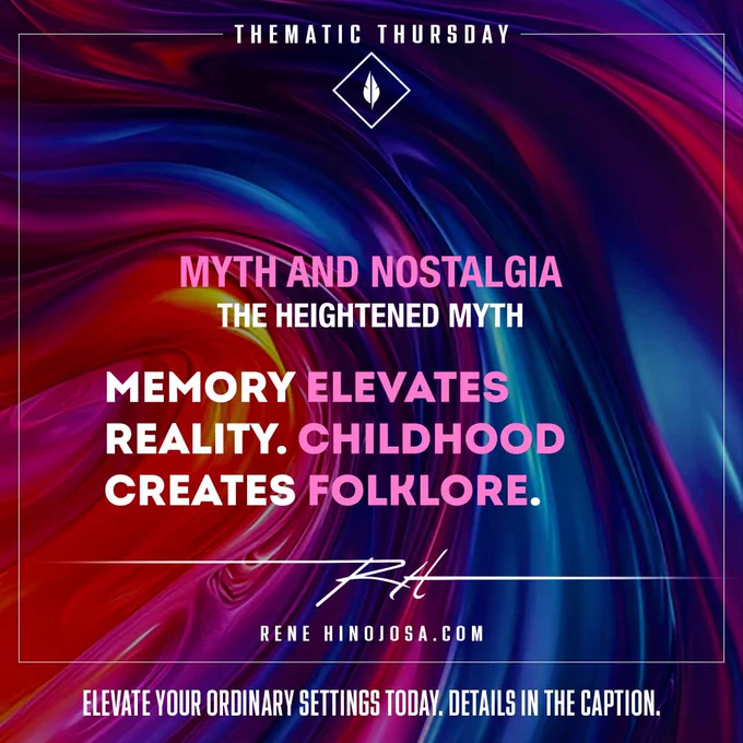 Thematic Thursday
Myth And Nostalgia
The Heightened Myth

Nostalgia thrives on poetic hyperbole. Elevate ordinary childhood stories into mythic folklore. 

✍️: Turn an ordinary neighborhood figure into a legendary hero. 

#CreativeWriting #FictionWriter #AmWriting