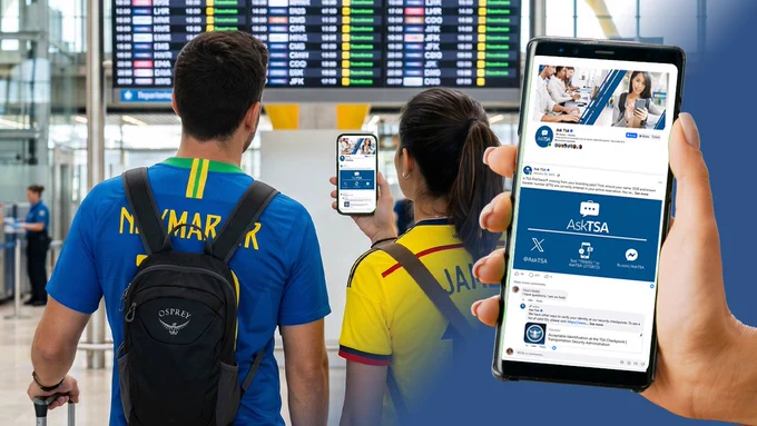 Photo shows soccer fans in jerseys at the airport and a phone with asktsa contact info on it.