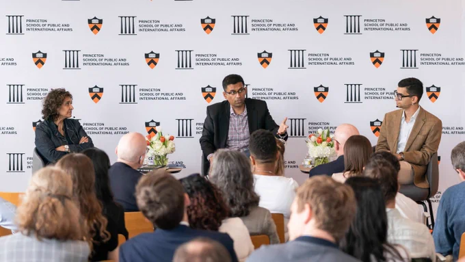 Razia Iqbal, Arvind Narayanan and Sayash Kapoor speak in front of an audience