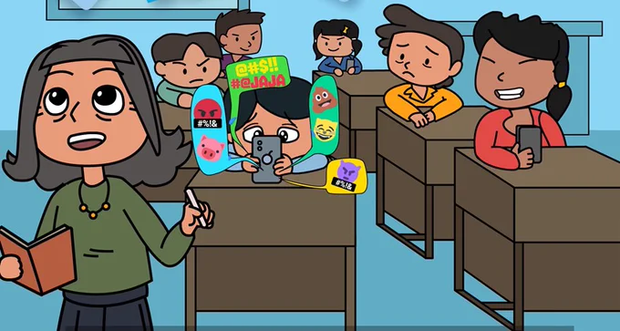 Animation showing a classroom scene where students use mobile phones. Emoji and message icons surround one student, representing online risks faced by children.