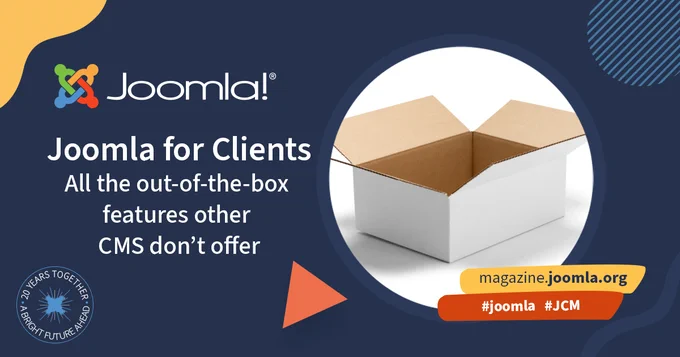 Open white cardboard box symbolizing Joomla's unique CMS features for clients. Joomla Magazine article "All the out-of-the-box features other CMS don't offer"