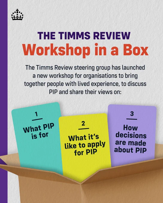 Open box displaying three colorful cards titled 'What PIP is for,' 'What it's like to apply for PIP,' and 'How decisions are made about PIP' under The Timms Review Workshop in a Box.
