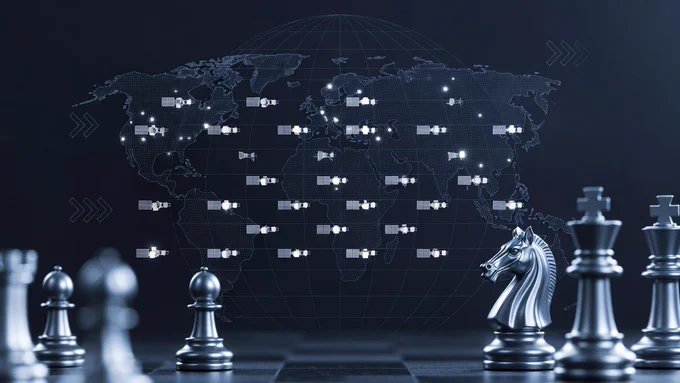 Professional strategic illustration of Starlink satellite constellation in orbit with subtle forward-moving strategic elements.