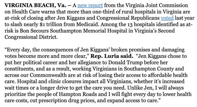 VIRGINIA BEACH, Va. – A new report from the Virginia Joint Commission on Health Care warns that more than one-third of rural hospitals in Virginia are at-risk of closing after Jen Kiggans and Congressional Republicans voted last year to slash nearly $1 trillion from Medicaid. Among the 13 hospitals identified as at-risk is Bon Secours Southampton Memorial Hospital in Virginia’s Second Congressional District.

 

“Every day, the consequences of Jen Kiggans’ broken promises and damaging votes become more and more clear,” Rep. Luria said.  “Jen Kiggans chose to put her political career and her allegiance to Donald Trump before her constituents, and as a result, working Virginians in Southampton County and across our Commonwealth are at risk of losing their access to affordable health care. Hospital and clinic closures impact all Virginians, whether it’s increased wait times or a longer drive to get the care you need."