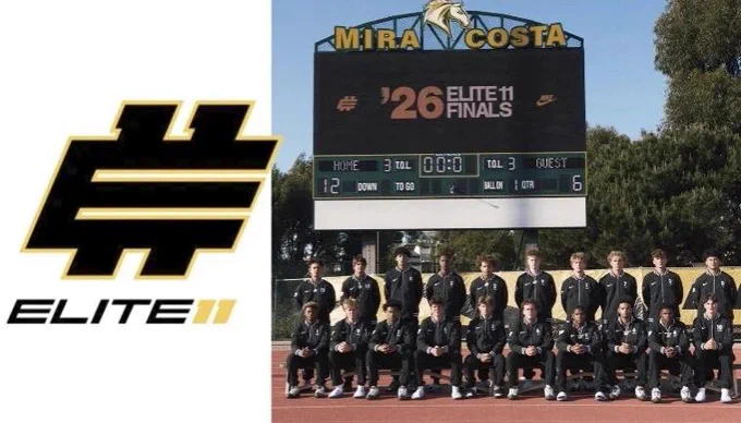 Elite11 branding on the left with a team of baseball players in black uniforms posing on a track, in front of a scoreboard that reads Mira Costa and Elite11 Finals.