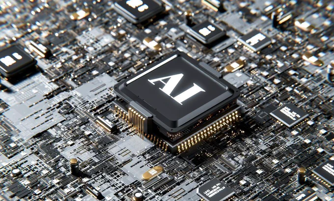 A close-up view of a computer circuit board featuring a central chip labeled "AI" surrounded by other smaller components and connections. 

Photo credit: Igor Omilaev via Unsplash