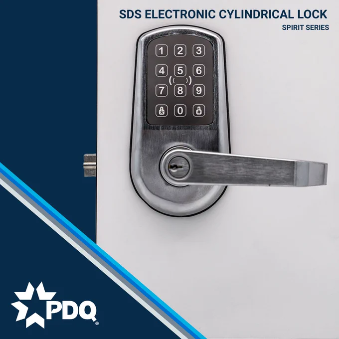PDQ Spirit Series SDS Electronic Cylindrical Lock with numeric keypad and satin chrome lever handle