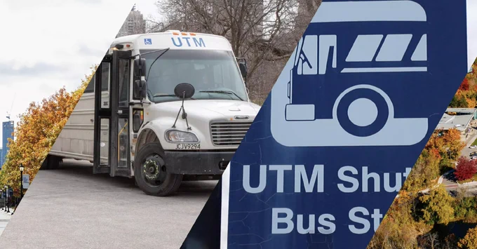 A UTM shuttle bus parked near a bus stop. The image is divided diagonally into three sections, showing the bus, a sign with a bus icon and the text "UTM Shuttle Bus Stop," and colorful foliage in the background.
