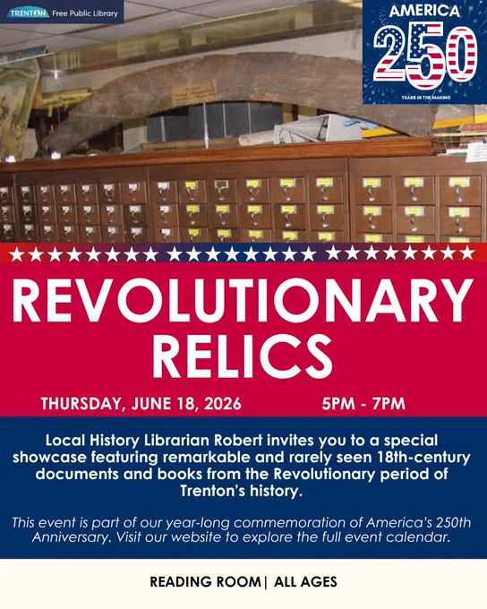 Wooden card catalog drawers in a historic library setting promoting an 18th-century Revolutionary period document showcase event.