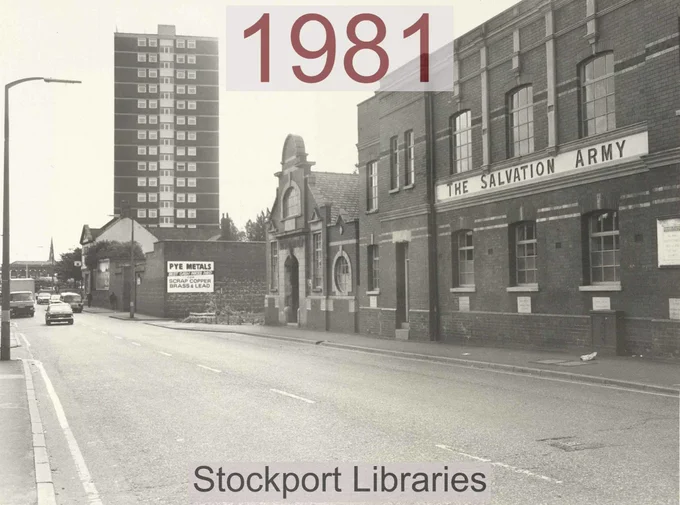 Street scene from 1981 featuring a Salvation Army building and a tall apartment block.