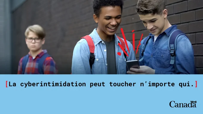 Alt text: Image de deux adolescents riant en regardant un téléphone alors qu’un autre adolescent à l’arrière-plan a l’air contrarié. Texte : La cyberintimidation peut toucher n’importe qui. 
