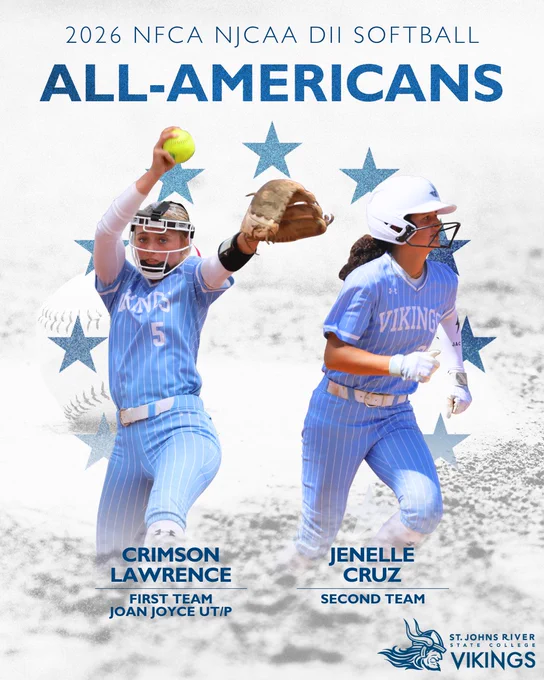 Two Viking softball players in blue uniforms featured as 2026 NFCA NJCAA DII Softball All-Americans with stars and softball field in the background.