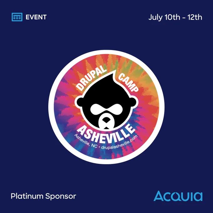 Colorful tie-dye circle with Drupal Camp Asheville logo and event dates July 10th-12th on dark blue background.