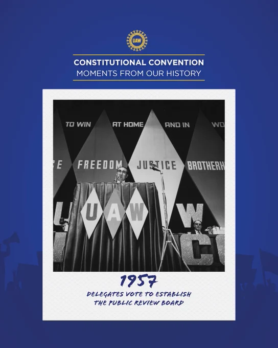 Photo of UAW Secretary-Treasurer Emil Mazey addressing delegates at the union's Constitutional Convention in 1957. 