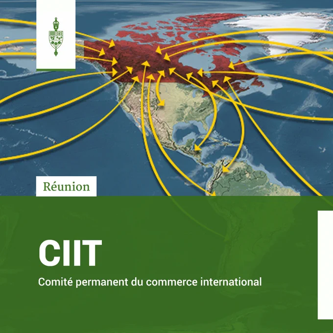 Une carte de l'Amérique du Nord avec le Canada surligné en rouge et avec plusieurs flèches jaunes entrant et sortant du Canada.

Réunion	
CIIT	
Comité permanent du commerce international