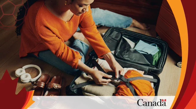 Voyageur préparant ses bagages avec des vêtements pliés soigneusement et des affaires personnelles sur le sol à côté d'une valise rouge.