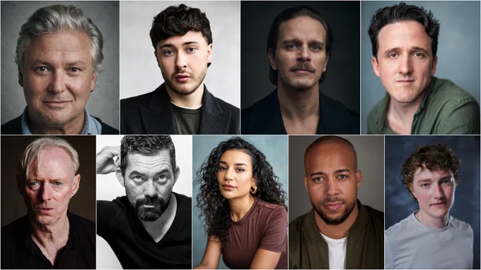Composite image featuring nine headshots of the actors announced for Peaky Blinders, including Conleth Hill, Samuel Bottomley, Arturo Muselli, Daniel Monks, Ned Dennehy, Packy Lee, Lucie Shorthouse, Eugene Collins, and Cal O'Driscoll.