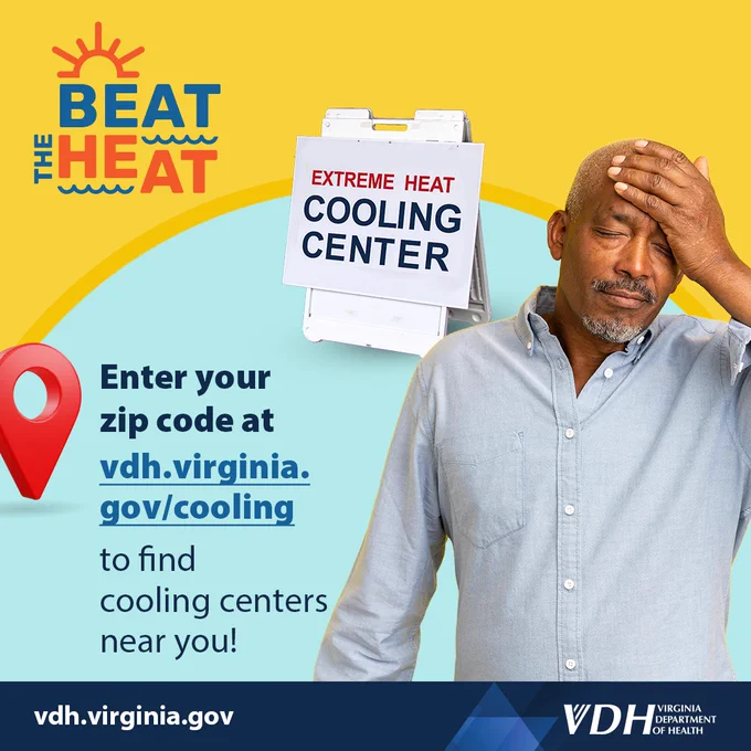 Sign reading 'Extreme Heat Cooling Center' with a man wiping his forehead, promoting Virginia's cooling center locator website.